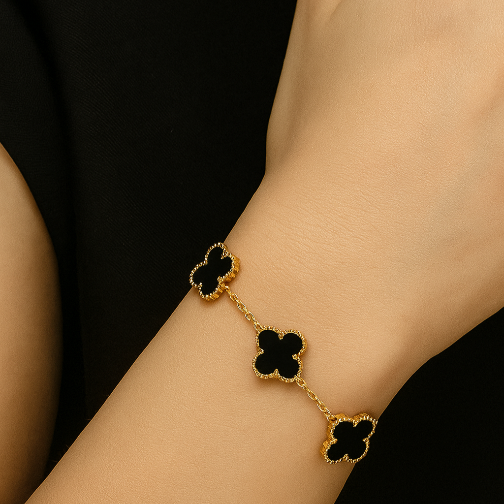 Reversible Clover chain Bracelet, Black Enamel with Adjustable Length.