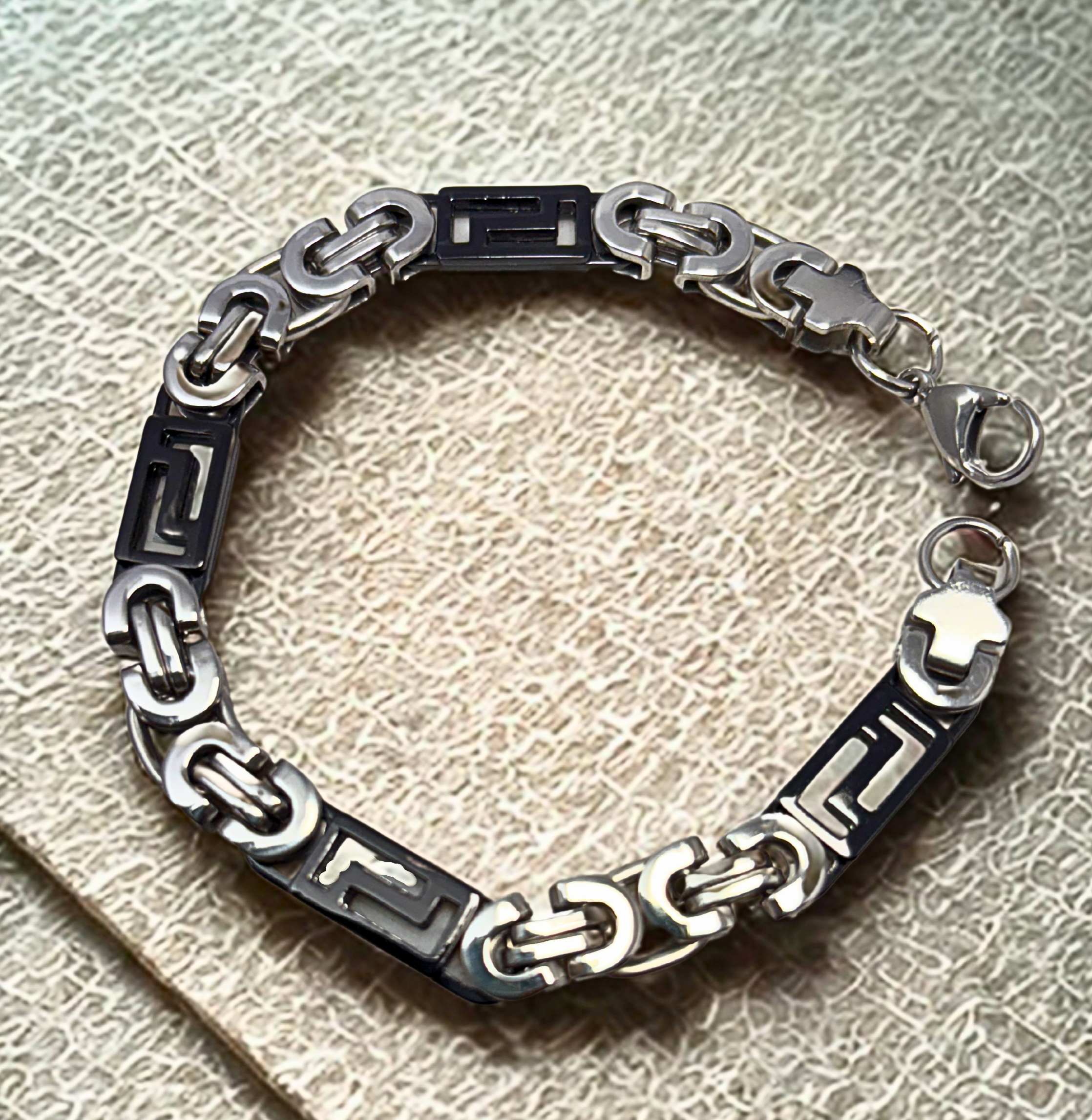 Men's Byzantine Chain Bracelet, Silver and Black Two-Tone