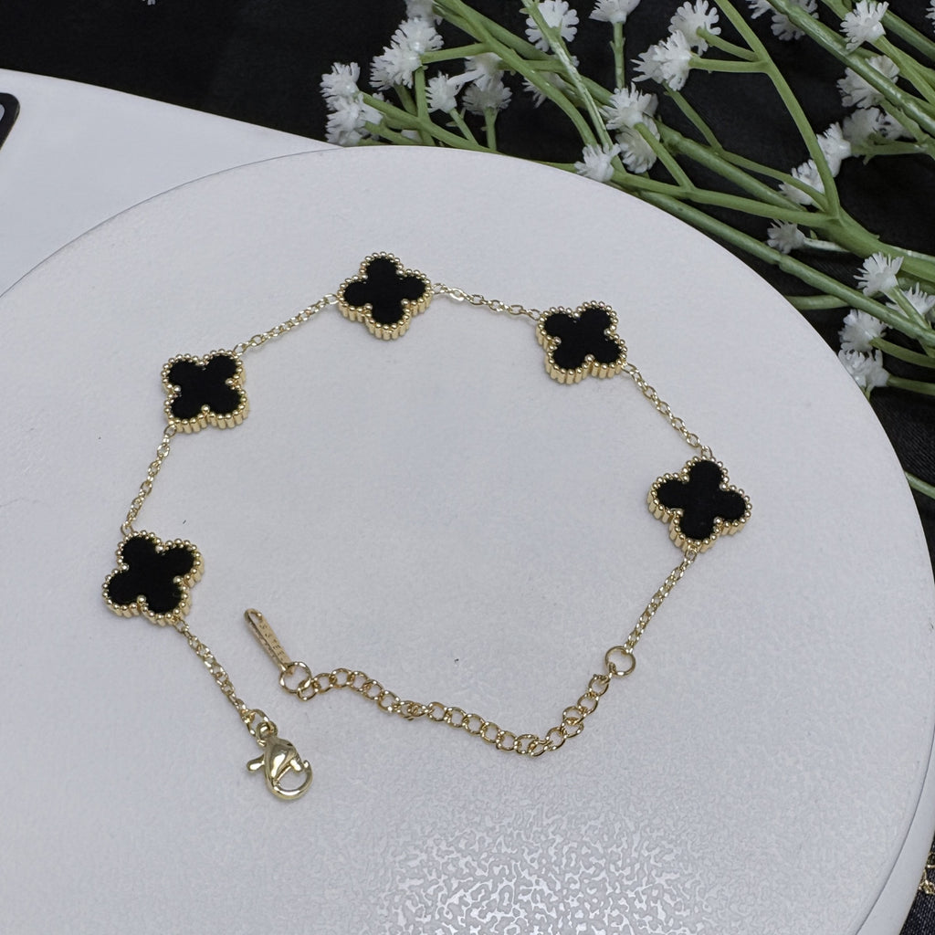 Reversible Clover chain Bracelet, Black Enamel with Adjustable Length.