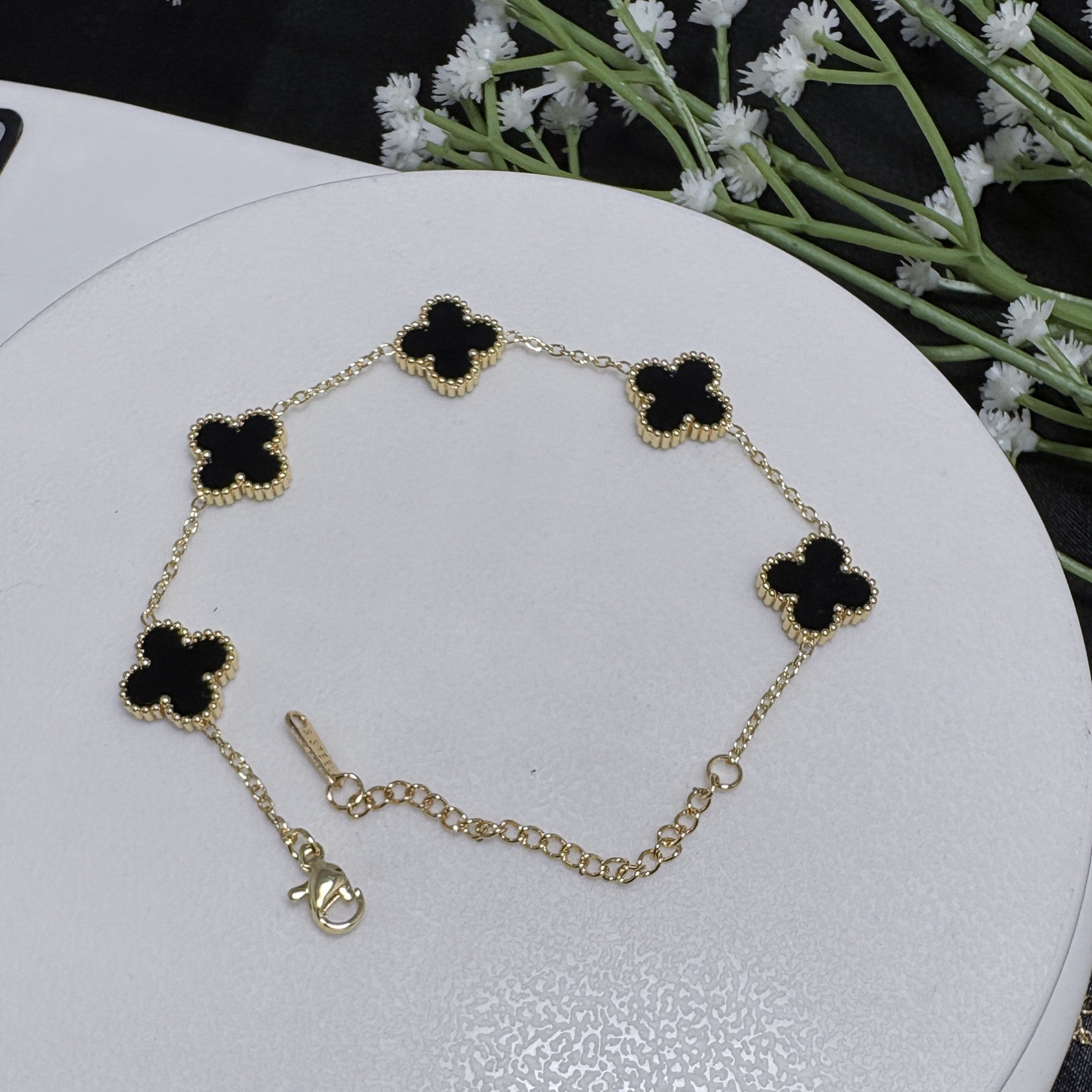 Reversible Clover chain Bracelet, Black Enamel with Adjustable Length.