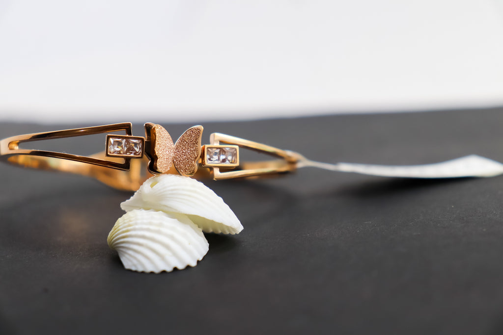 KARLA JEWELS Elegant Women's Bangle Bracelet, Rose Gold Butterfly Bangle Bracelet with Crystal Accents, Frosted Finish Stainless Steel Anti Tarnish Jewelry