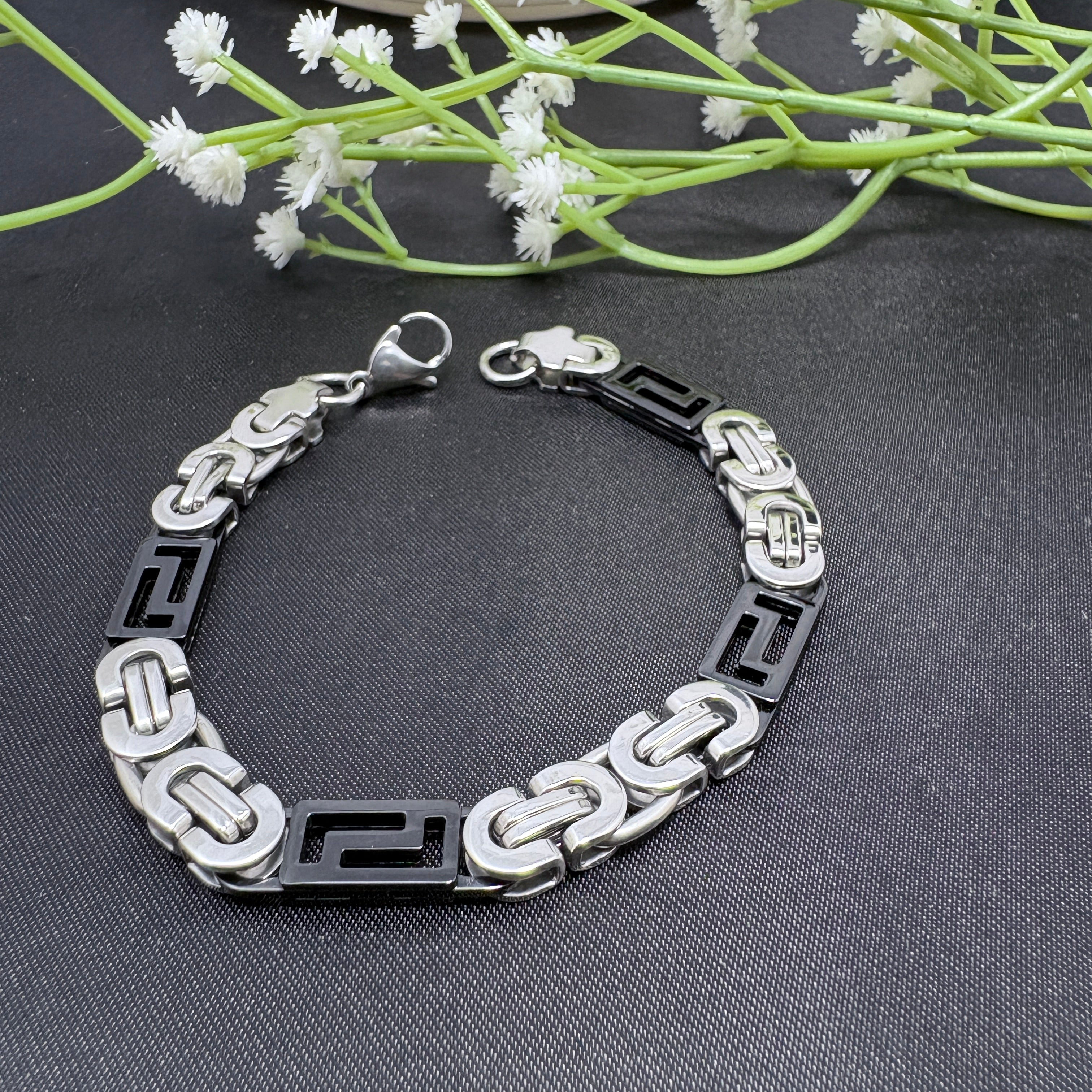Men's Byzantine Chain Bracelet, Silver and Black Two-Tone