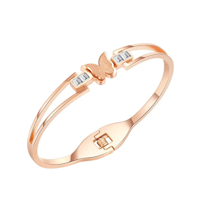 KARLA JEWELS Elegant Women's Bangle Bracelet, Rose Gold Butterfly Bangle Bracelet with Crystal Accents, Frosted Finish Stainless Steel Anti Tarnish Jewelry